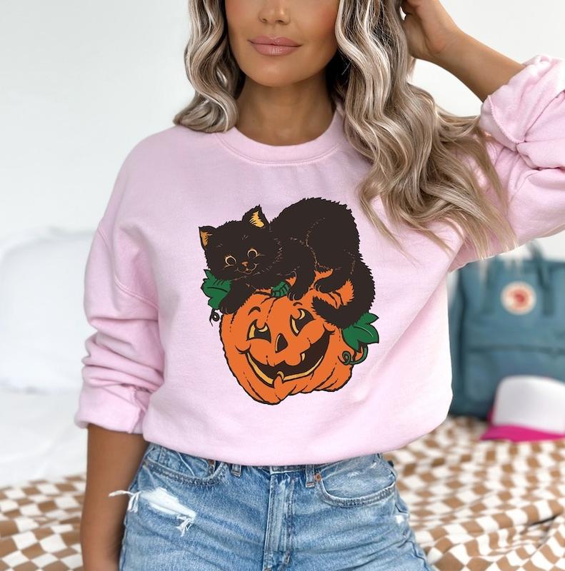 Schwarzes Katzen-Kürbis-Halloween-Sweatshirt 