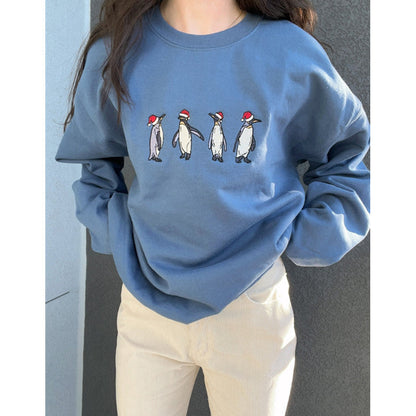 Bestickter Kapuzenpullover mit Weihnachtsmütze und Pinguin-Sweatshirt 