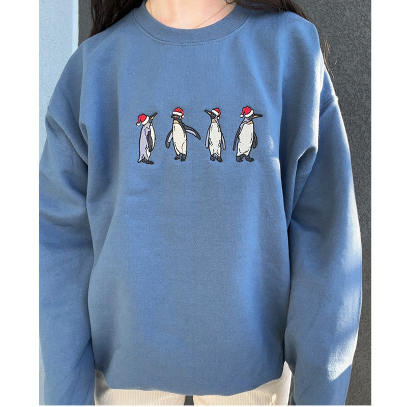 Bestickter Kapuzenpullover mit Weihnachtsmütze und Pinguin-Sweatshirt 