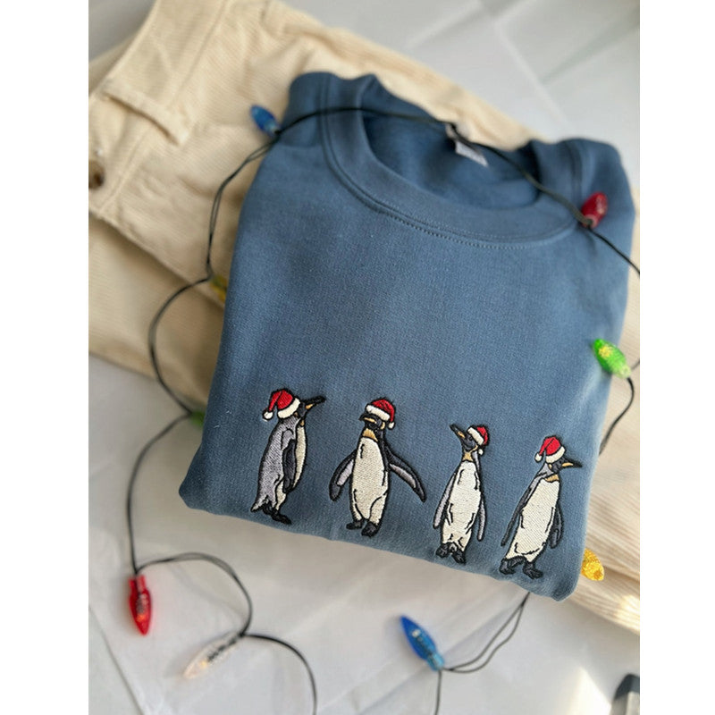 Bestickter Kapuzenpullover mit Weihnachtsmütze und Pinguin-Sweatshirt 