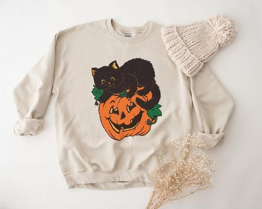 Schwarzes Katzen-Kürbis-Halloween-Sweatshirt 