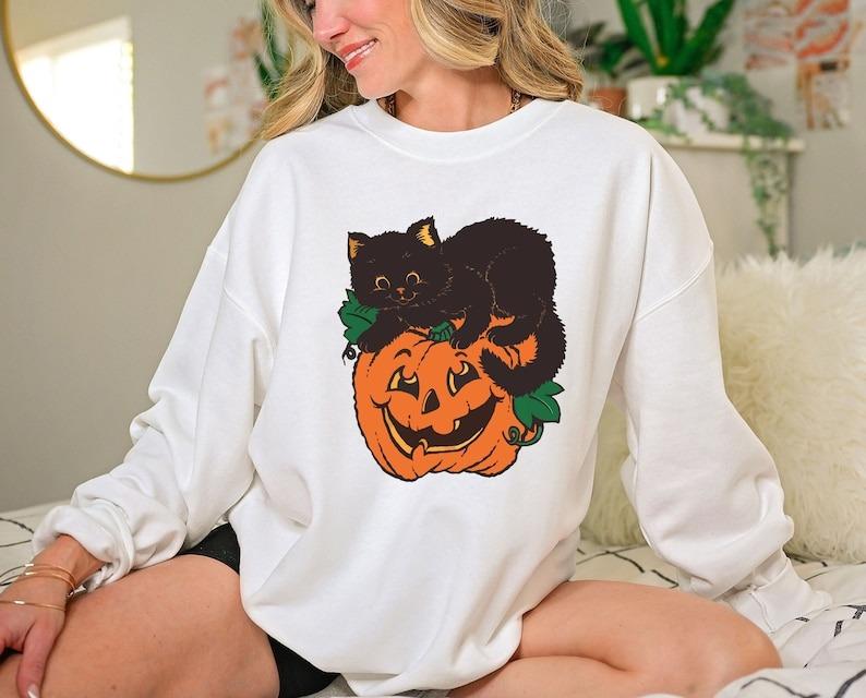 Schwarzes Katzen-Kürbis-Halloween-Sweatshirt 