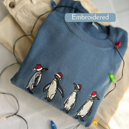 Bestickter Kapuzenpullover mit Weihnachtsmütze und Pinguin-Sweatshirt 