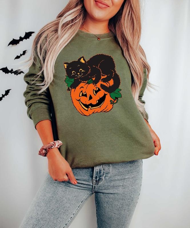 Schwarzes Katzen-Kürbis-Halloween-Sweatshirt 