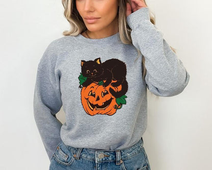 Schwarzes Katzen-Kürbis-Halloween-Sweatshirt 